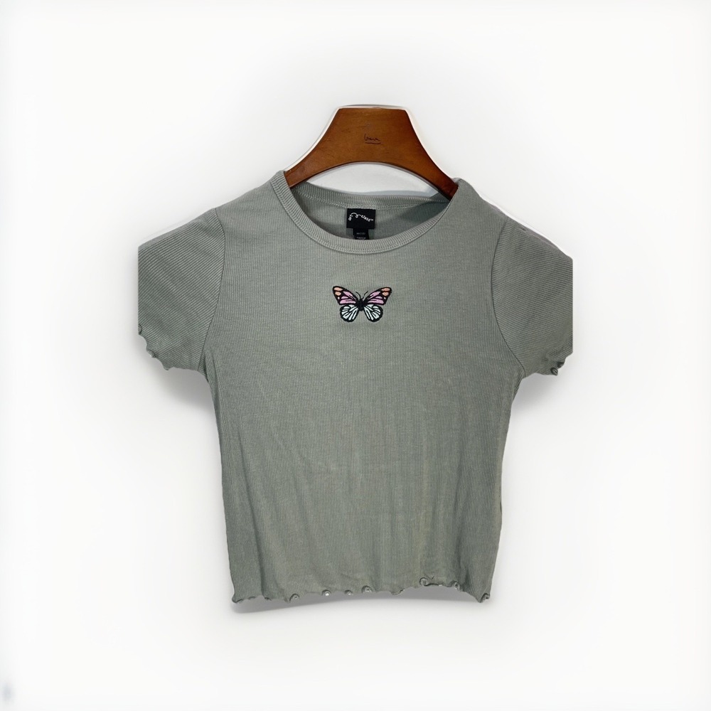 Kids Crop Green Short Sleeve T-shirt With Embroidery Butterfly Size M (7/8)